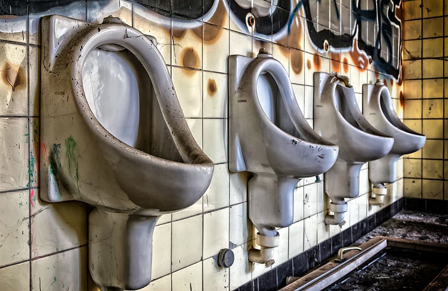 four, gray, ceramic, urinals, toilet, urinal, lost places, wc, pforphoto, pee
