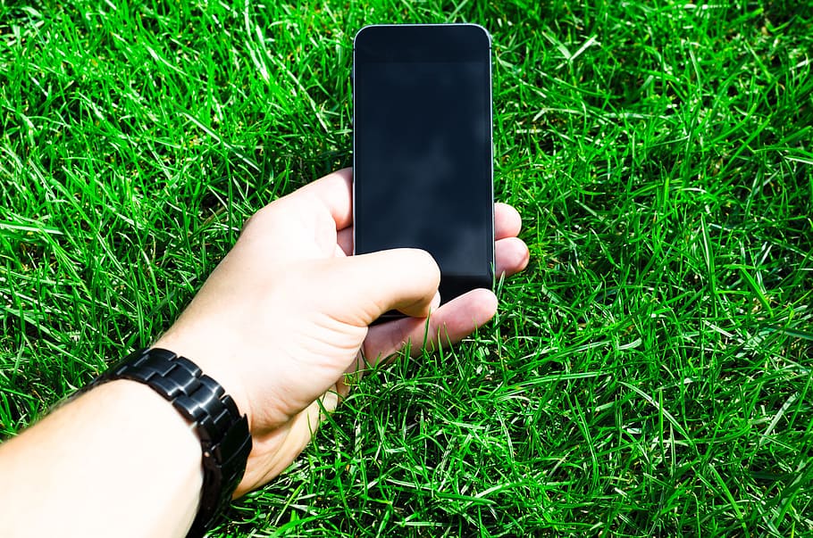 person, holding, black, smartphone, green, daytime, Hand, Grass, Phone, Telephone
