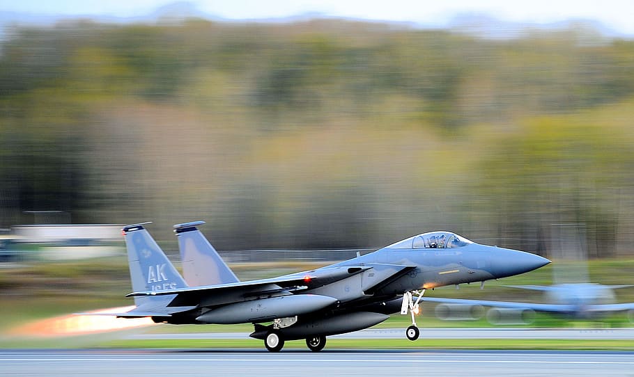 fighter jet, taking, take-off, f-15 eagle, jet, aircraft, fighter, air force, military, outside