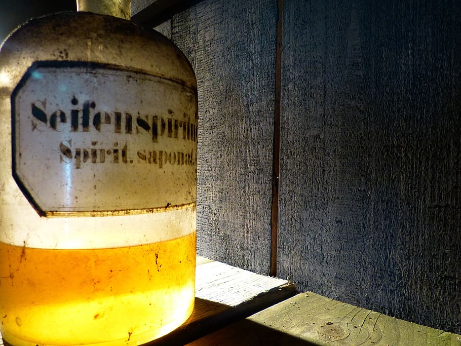 glass, bottle, old, pharmacy bottle, transparent, decoration, brown, back light, text, western script