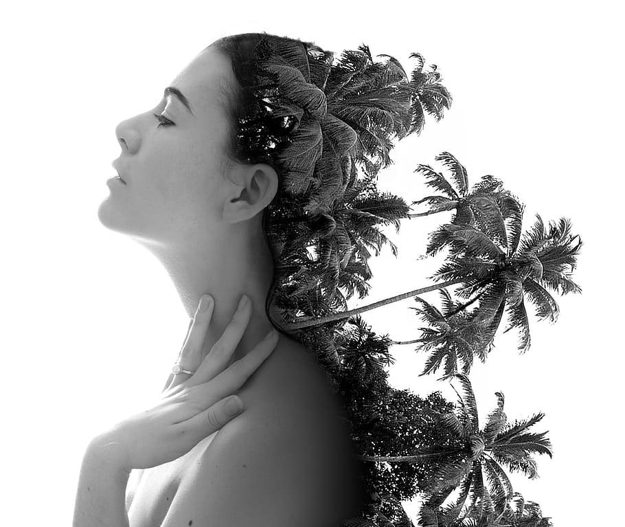 gray, scale, woman, palm tree, back, art poster, grayscale, tree, double exposure, model