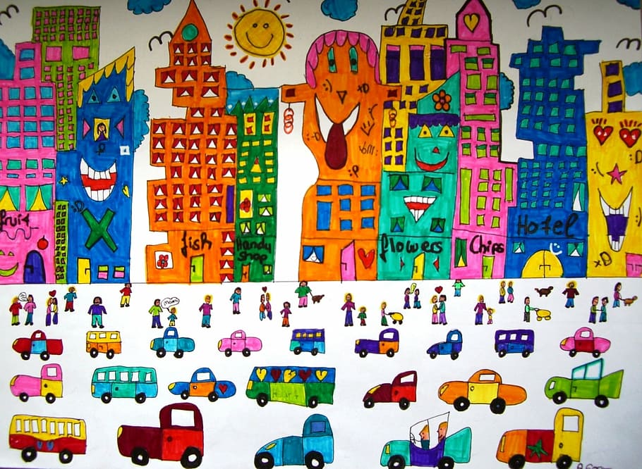 cars, buildings illustration, painted, autos, city, skyscrapers, colorful, color, james rizzi, inspired