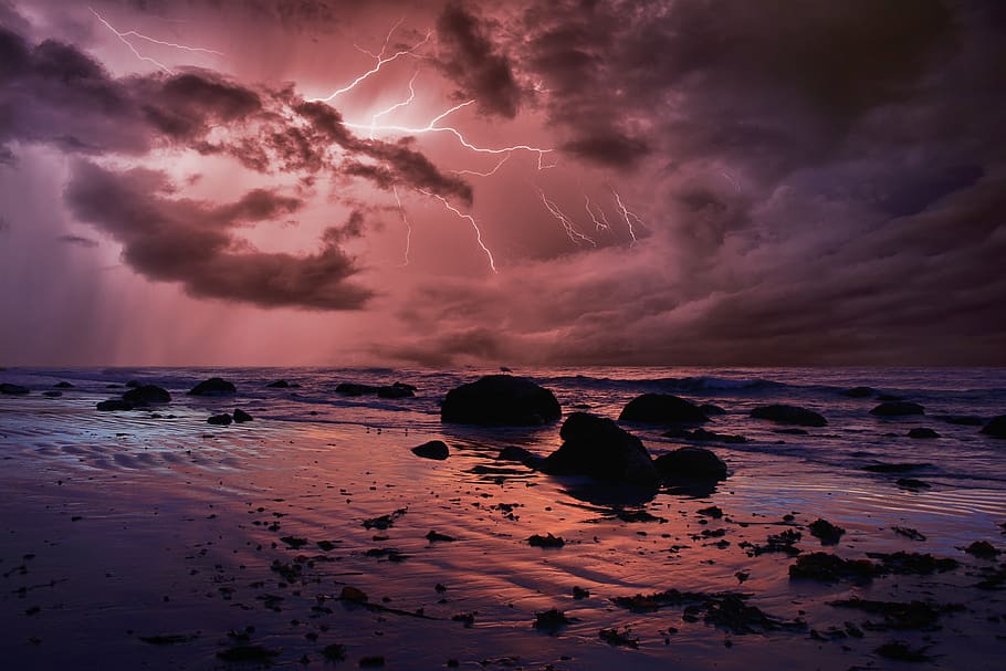 landscape, storm, sea, clouds, ray, dark, dramatic, atmosphere, sky, water