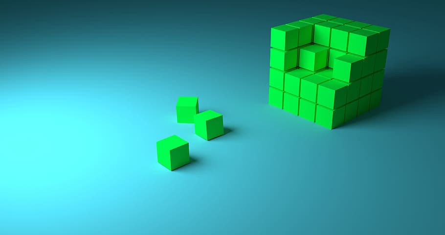 緑のキューブillustrationb, キューブ, 手順, 進行状況, ビルド, 3 d, ブロック, 青, 緑の色, 屋内