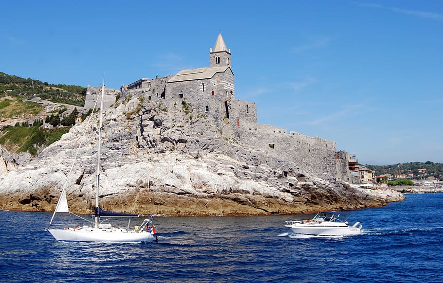 boats, castle, cliff, sea, church, boat, costa, rock, porto venere, liguria