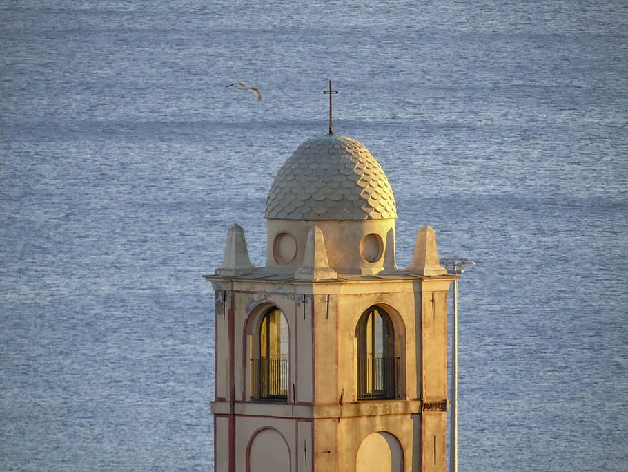 sea, church, dome, campanile, architecture, construction, liguria, built structure, building exterior, water