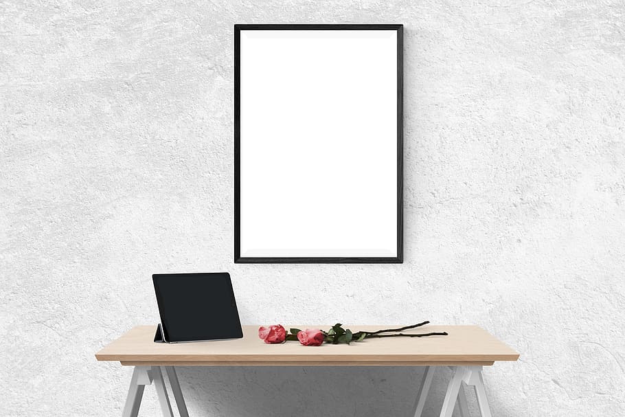 rectangular, espejo, colgante, blanco, pared, póster, maqueta, plantilla, presentación, escritorio