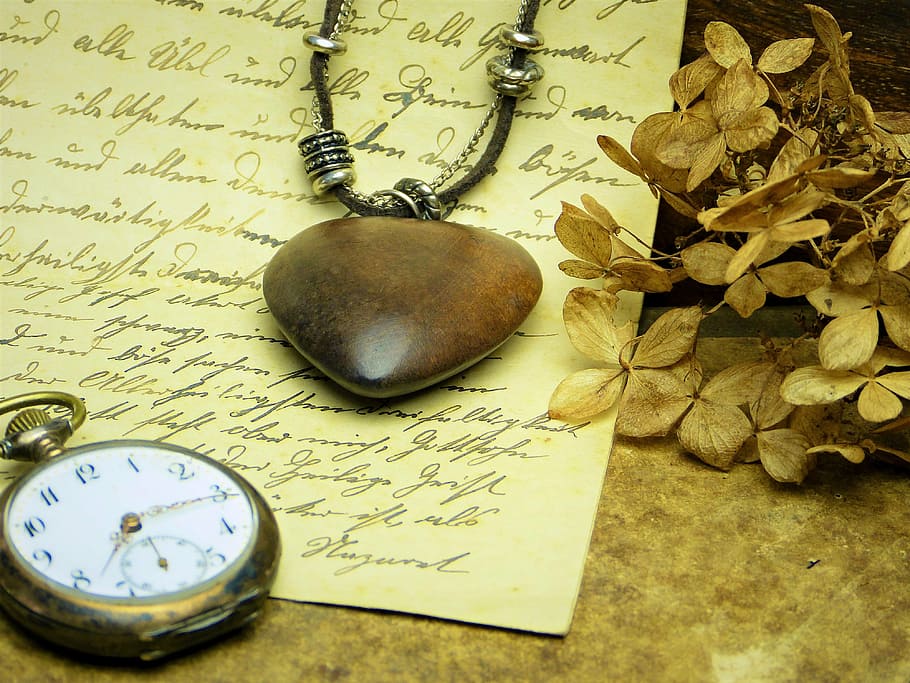 silver-colored pocket, watch, brown, heart pendant necklace, printer paper, heart, wood, clock, time, digits