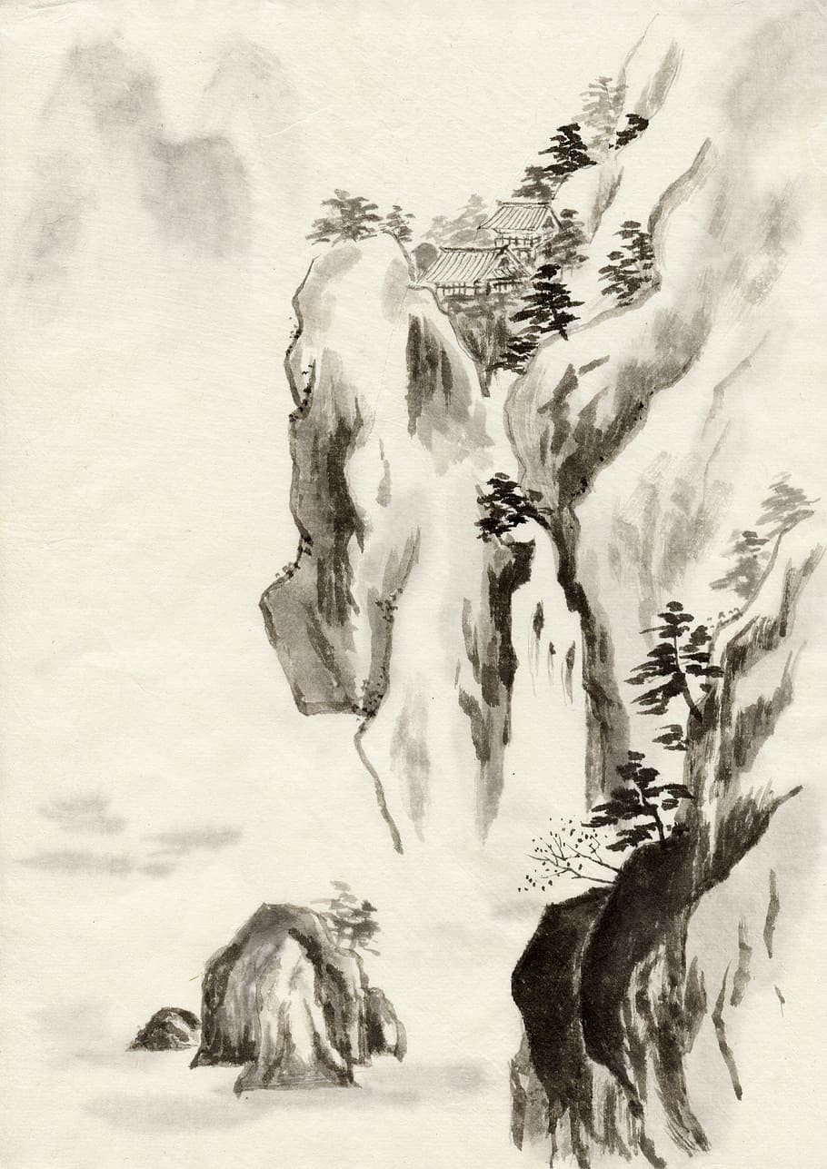 gray, white, mountain illustration, ink, traditional chinese painting, landscape, group of animals, animal wildlife, mammal, nature