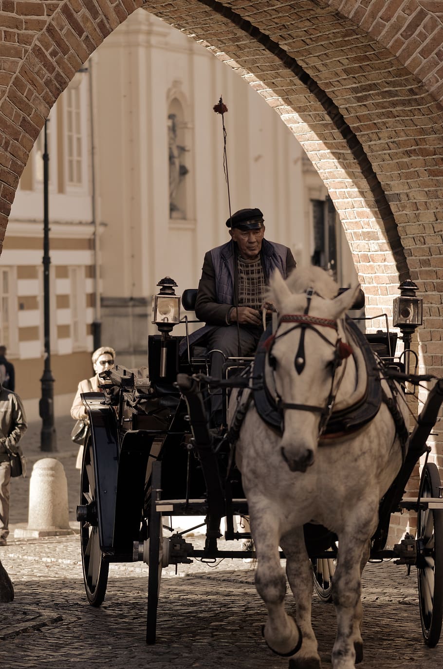 coach, horse, the driver, going, tourism, building, historical, people, tourists, bricks