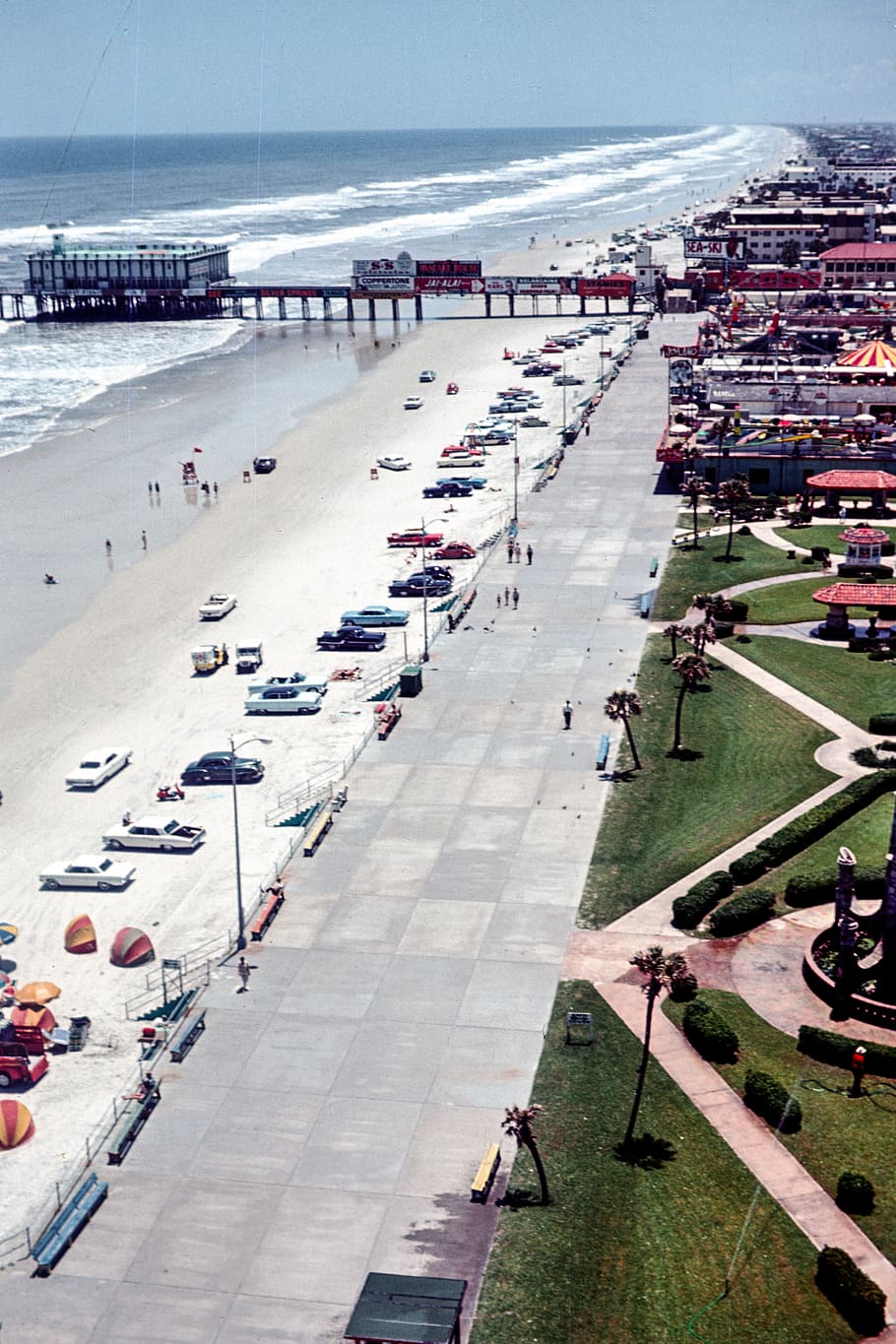 beach, cars, coast, pier, crowd, people, retro, view, autos, vacation