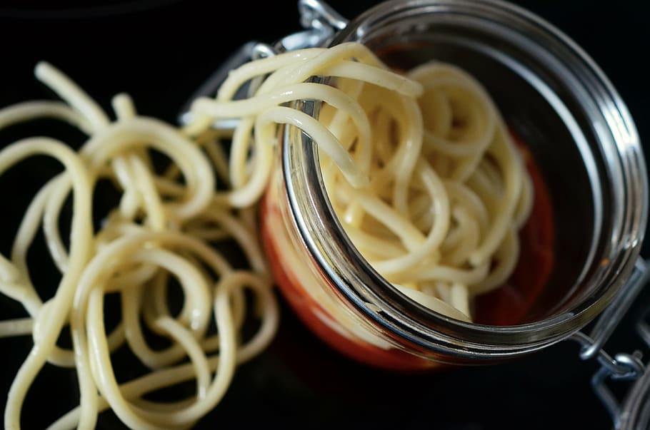 spaghetti, pasta, glass, jar, tomato sauce, container, noodles, eat, food, italian