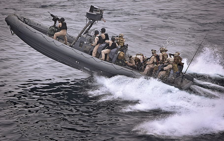 ejército naval, gris, barco de motor, bote, exceso de velocidad, táctico militar, entrenamiento, soldados, rápido, tácticas