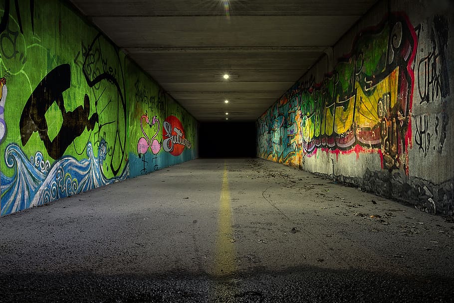The Tunnel, Underpass, Graffiti, graffiti was, suram, lalu lintas, aspal, jalan, kotor, gelap