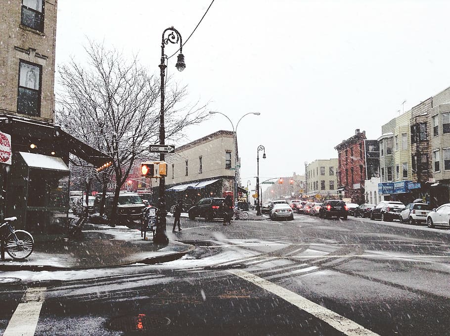 kendaraan pada rad, berbagai macam, mobil, hitam, atas, jalan, musim dingin, kota, NYC, New York