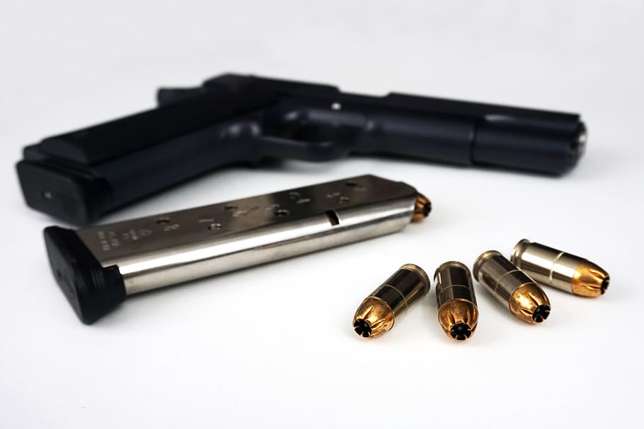 m1911, pistol, gun, firearm, handgun, magazine, ammo, ammunition, bullet, defense