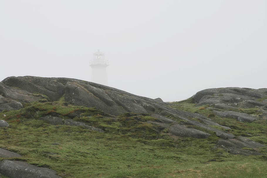 lighthouse, coast, landscape, fog, weather, sky, architecture, rock, island, landmark