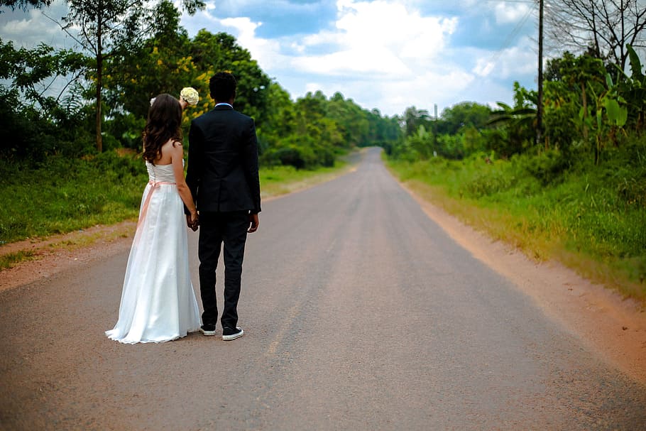 bride, groom, standing, asphalt road, trees, daytime, people, couple, man, girl