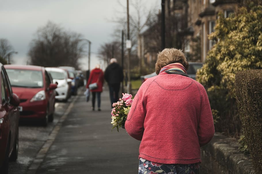 woman, walking, sidewalk, holding, bouquet, pink, flowers, people, old, flower