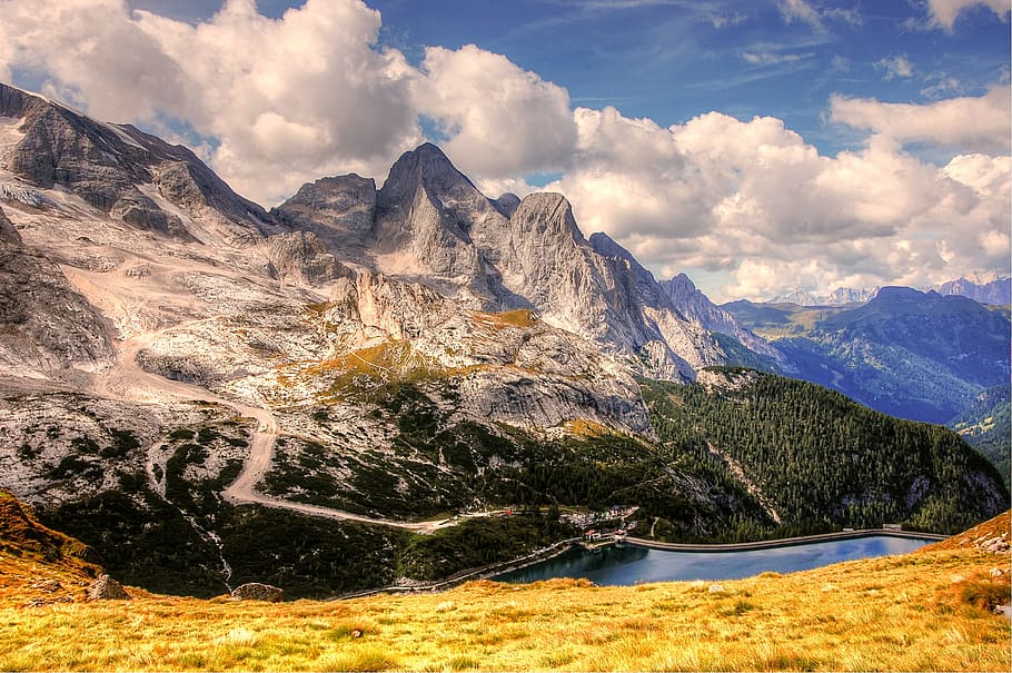 landscape photography, mountain, body, water, Dolomites, Marmolada, Mountains, reservoir, landscape, nature
