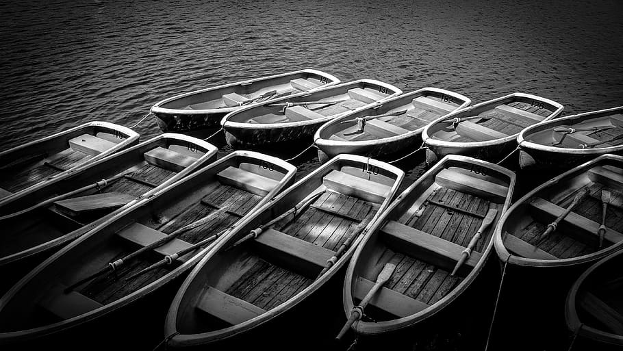 black and white, monochrome, boat, paddle, sailing, water, transportation, sea, ocean, high angle view