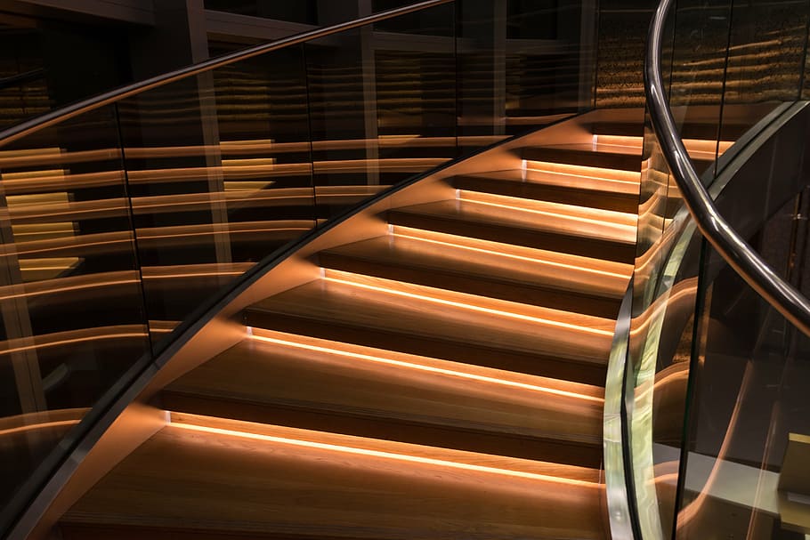 brown, stairs, light, modern, modern architecture, interior design, inside, lighting, staircase, spiral staircase