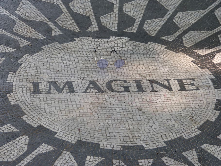 black, gray, decor, John Lennon, Imagine, Strawberry Fields, central park, new york, new york city, the beatles