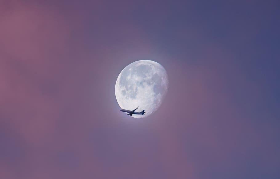 airplane, airline, travel, trip, sky, flight, moon, flying, low angle view, mid-air