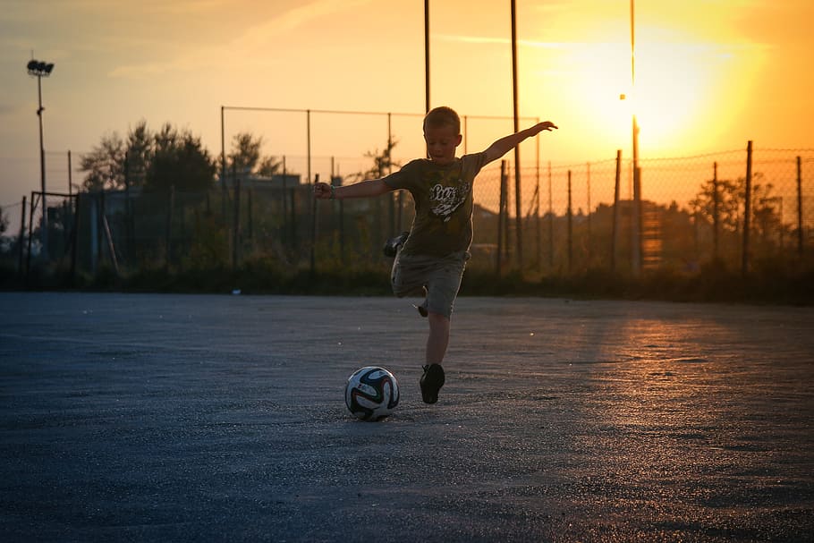 boy, kick, blue, ball, player, sunset, football, backyard, fun, game