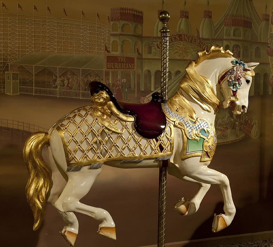white, yellow, horse carousel, brass, carousel, horse, wooden, retro, nostalgic, merry-go-round