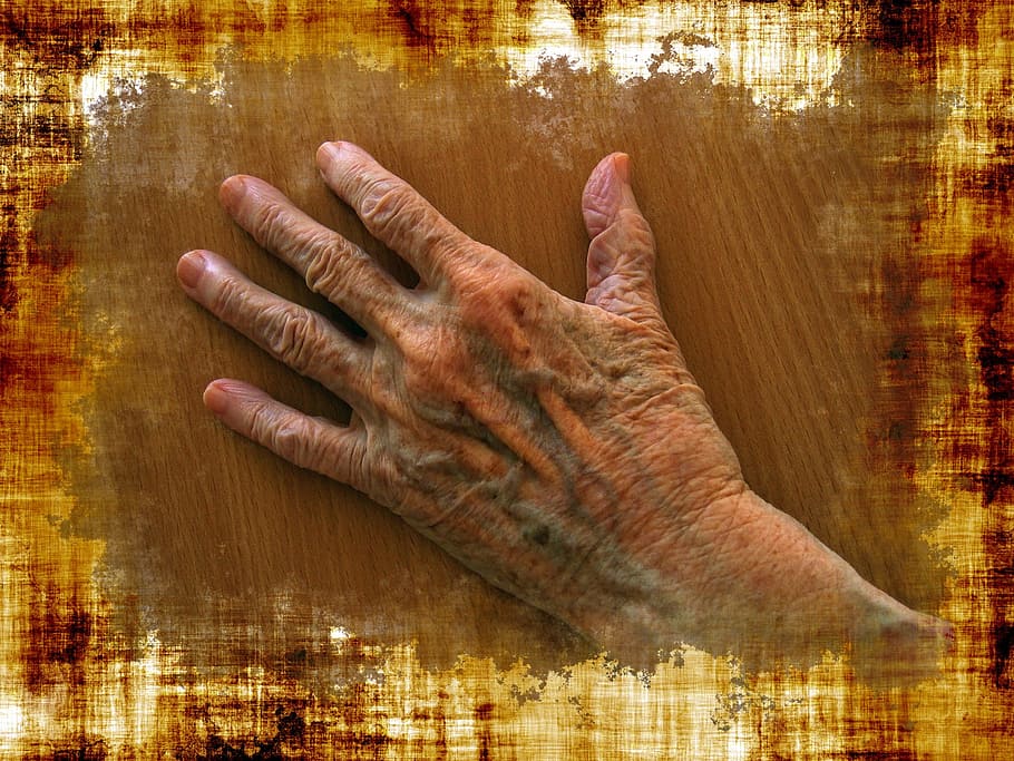 left, person, hand, placed, brown, surface, old, age, skuril, elderly woman
