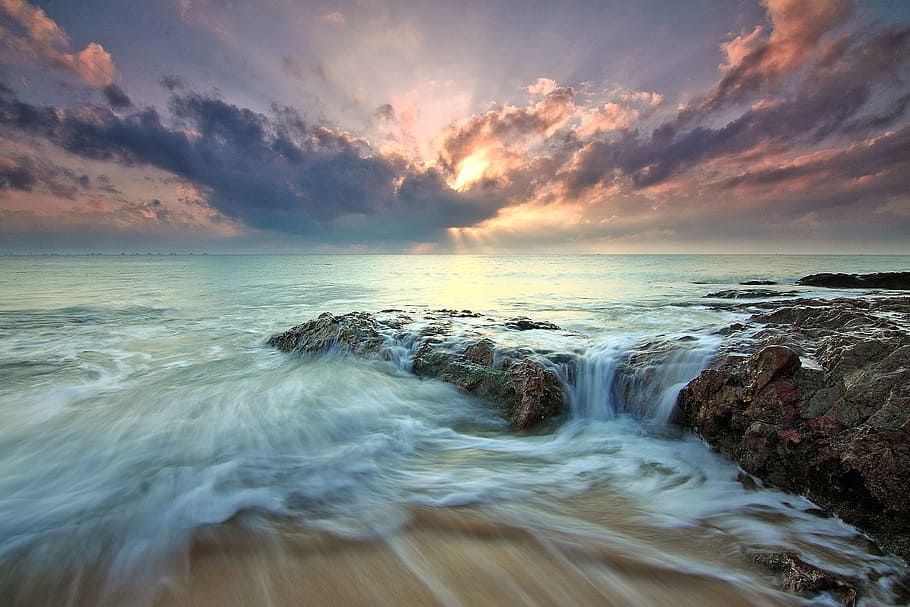 time lapse photography, rock, body, water, rocks, sea, waves, beach, coast, clouds