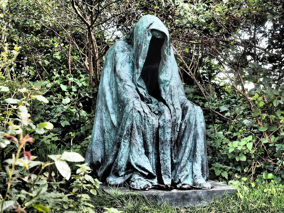 blue, statue, surrounded, grass, pietà, sculpture, gloomy, dark, death, suffering