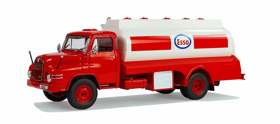 rojo, blanco, juguete tanque de agua esso, camión, uno, veterano, transporte, afición, ocio, vehículo comercial
