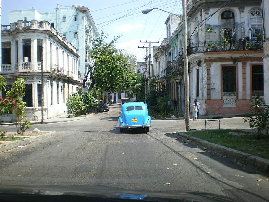 Car, Cuba, Havana, blue, building exterior, architecture, built structure, transportation, street, outdoors