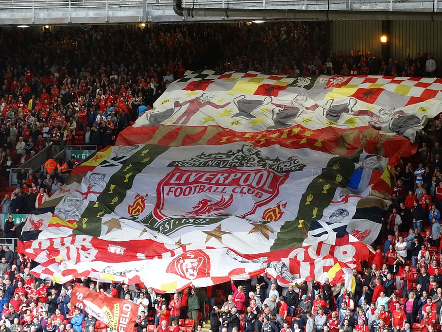anfield, football, fans, liverpool, huge, flag, crowd, group of people, large group of people, real people