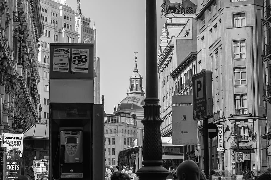 gray, scale photo, telephone booth, high, rise buildings, gray scale, high rise buildings, blackandwhite, buildings, city