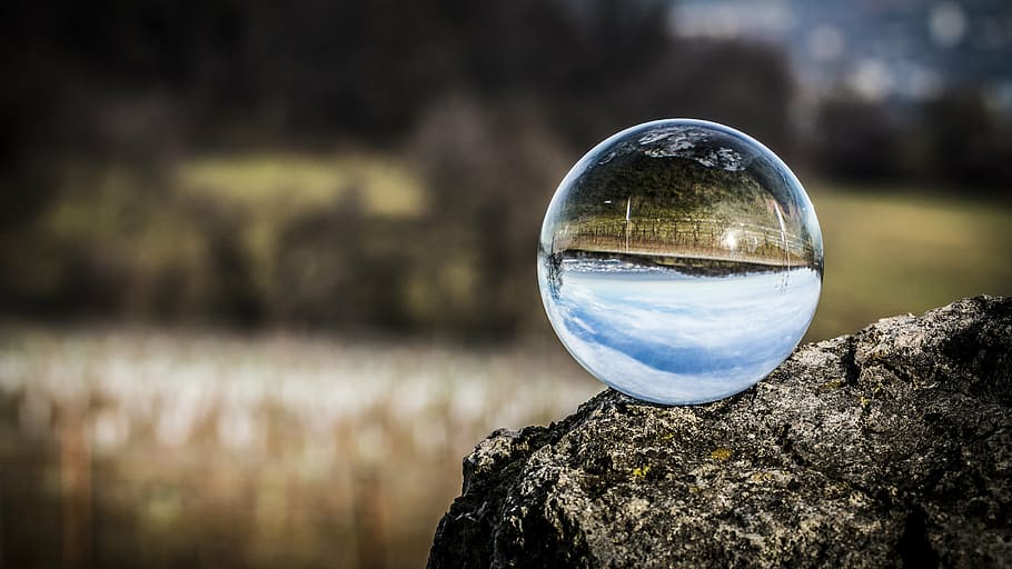 close-up photo, glass ball, rock, landscape, globe image, ball, nature, sphere, reflection, crystal ball