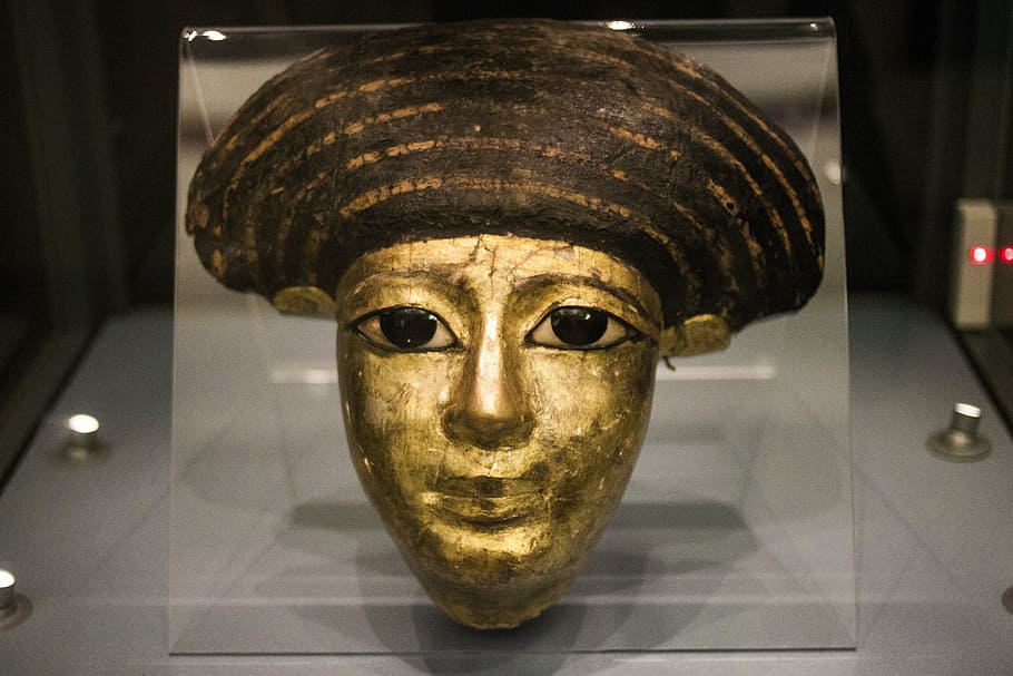 museu, mascarar, antiga, egípcio, funeral, mulher, ouro, pintado, egito, histórico