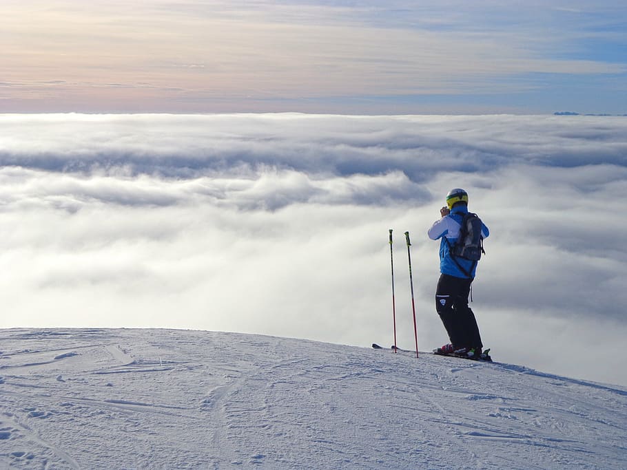pessoa, em pé, Colinas, Dia, Eslovênia, Esqui, Esquiador, Nevoeiro, faixa, Pôr do sol