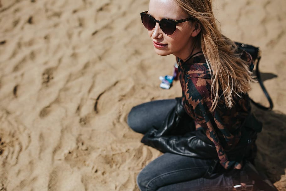 young, woman, wearing, leather jacket, sunglasses, beach, on the beach, female, girl, sand