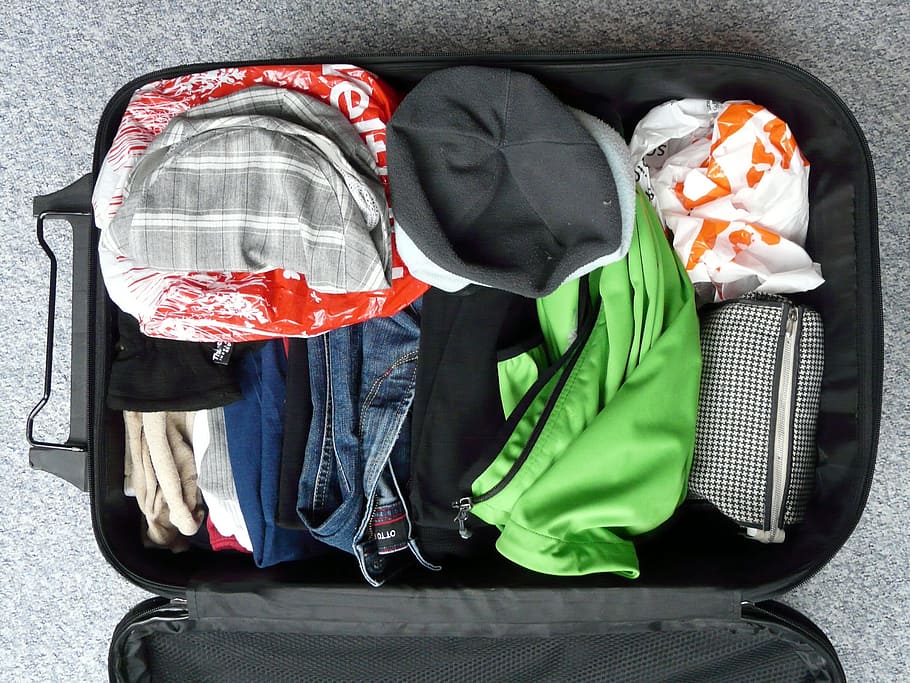 各種, 服, 黒, 荷物バッグ, 荷物, バッグ, 旅行, 休日, 包装, 衣類