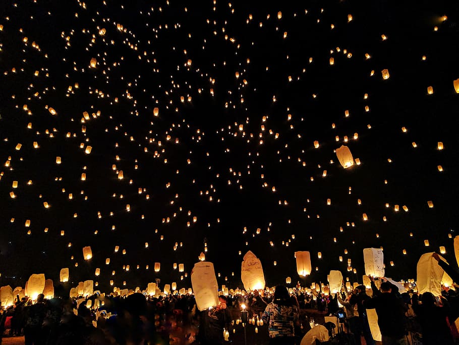 flying, lanterns, nighttime, dark, night, fire, lantern, sky, celebration, party