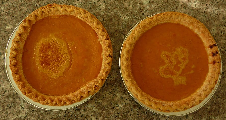 close-up photo, two, baked, pie, white, ceramic, plates, pumpkin pie, pumpkin, squash
