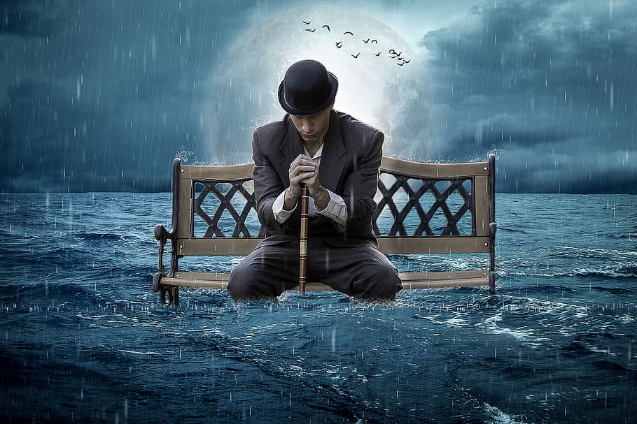 manipulation, bench, ocean, rain, man, moon, birds, one person, sitting, water