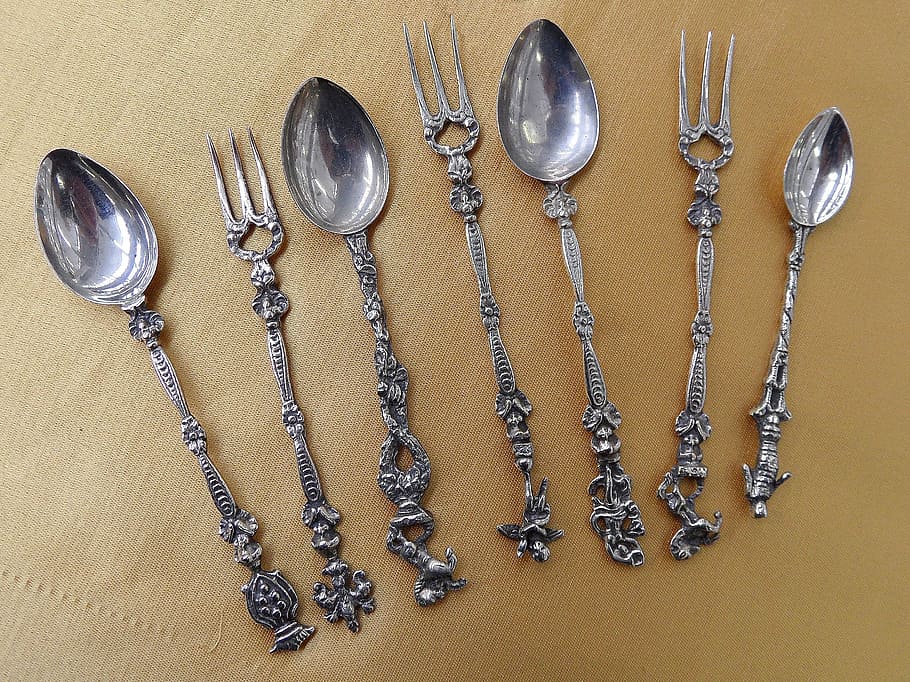talheres, garfo, colher, mesa, prata, brilhante, prata - Metal, restaurante, utensílio de cozinha, metal