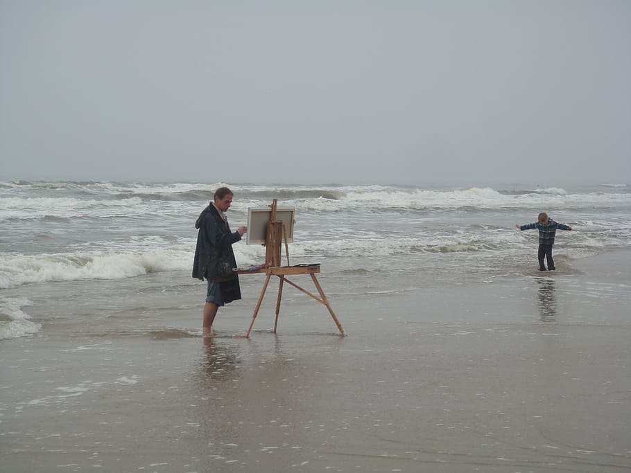 artista, posando, pintura, pintar, mar, praia, criança, pessoas, agua, duas pessoas