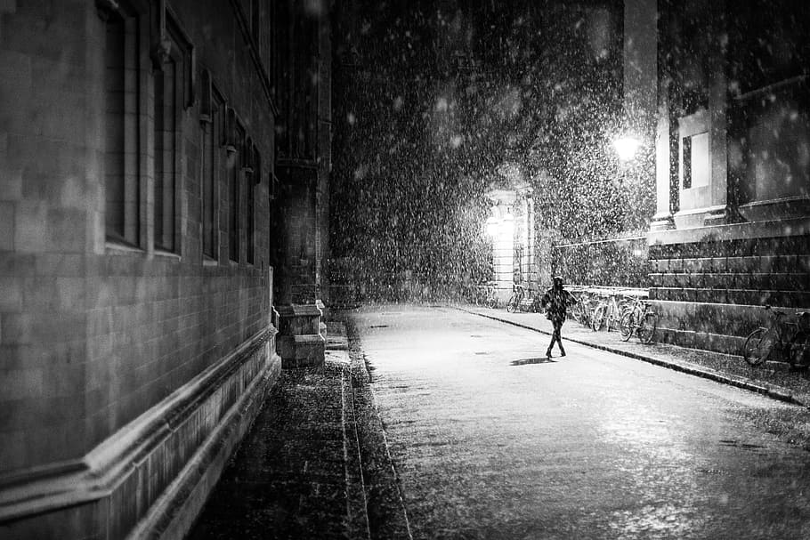 person, walking, outside, city, urban, snow, rain, dancing, falling, night
