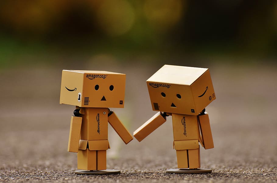 two, danbos, brown, pavement, danbo, figure, together, hand in hand, love, togetherness