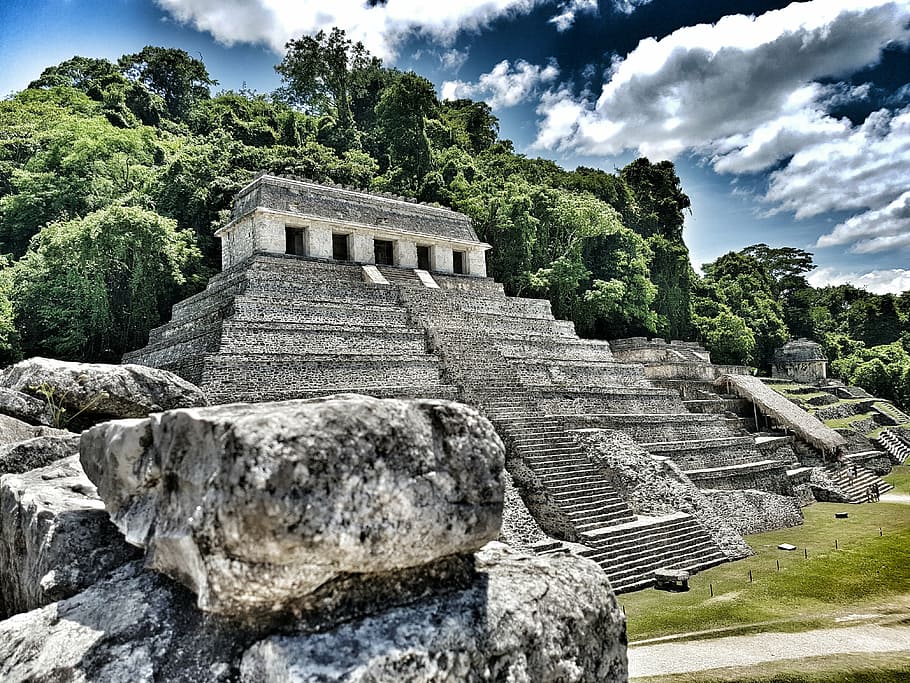 gray, ruins, daytime, pyramid, palenque, landscape, nature, mexico, archaeology, famous Place